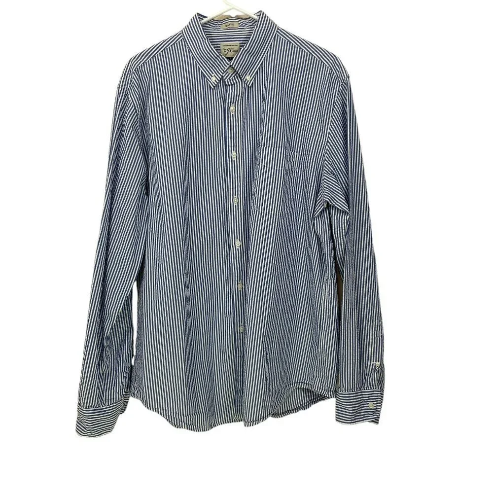 J. Crew Men's Large Button Down Shirt Classic‎ Cotton Striped Blue Long Sleeve